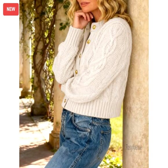 Cable Knit Cropped Cardigan, Chunky Knit Sweater, Button Up Long Sleeve - Picture 6 of 8